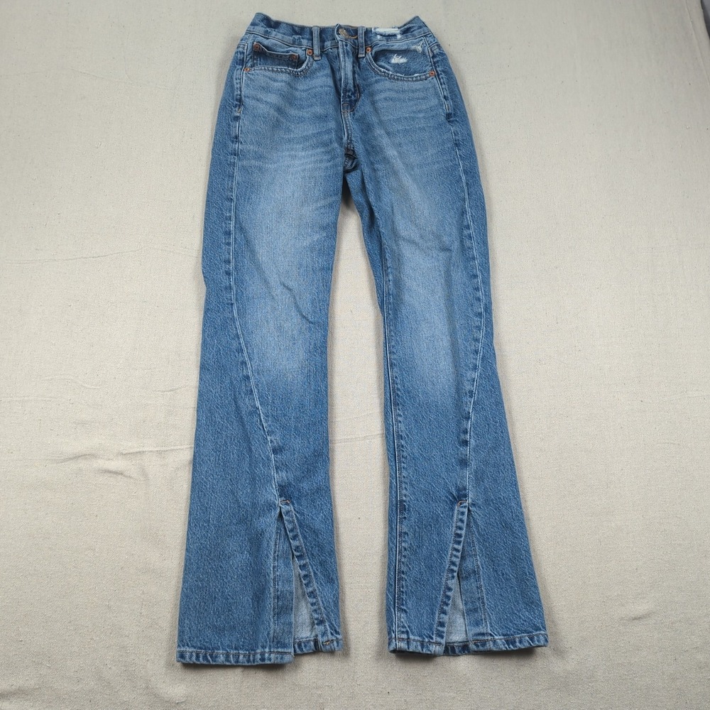 American Eagle Jeans Womens 00‎ Blue Short 90s Boot Cut Split Hem Distressed